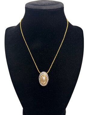Nolan Miller Gold Tone Necklace W/ Faux Pearl And Clear Rhinestone Pendant (6306